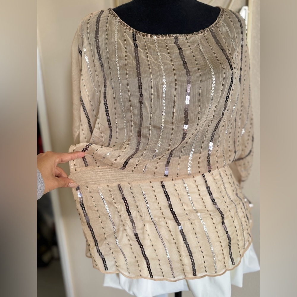Y2K Beaded Sheer Batwing Blouse Champagne Gold | New Without Tags | Size S - Picture 4 of 14